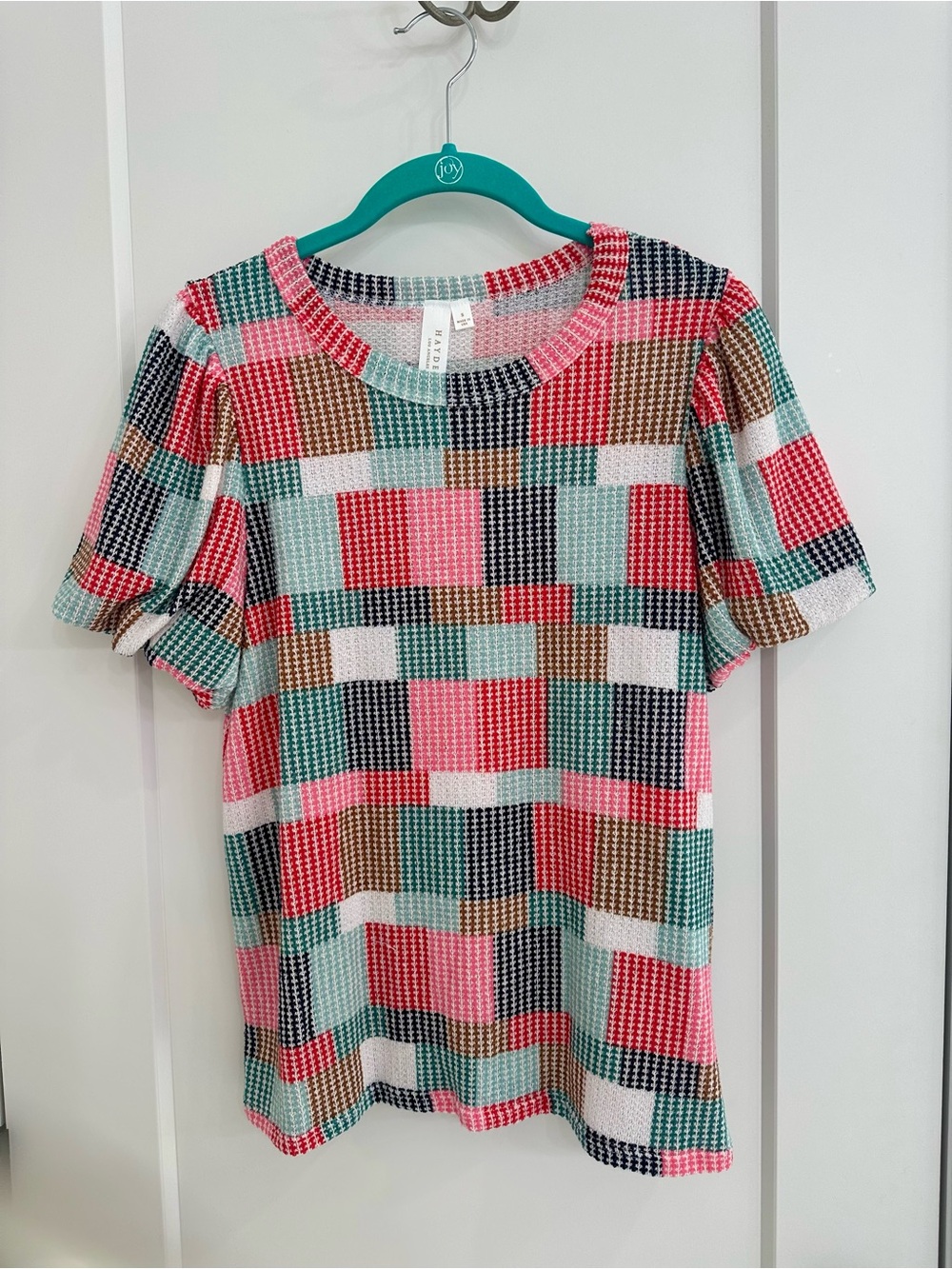 Hayden Patchwork Houndstooth Knit Top - Pink, Teal, Navy, Brown